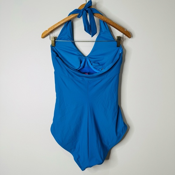 NEW Spanx Halter One Piece Bayside Blue Gold Ring Twist Front Swimsuit Size XL - Picture 6 of 11